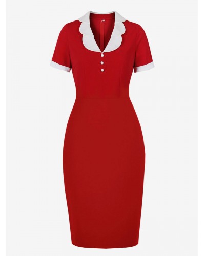 Dresses Red Two-Tone Short Sleeves Casual Sheath Dress Bodycon Retro Summer