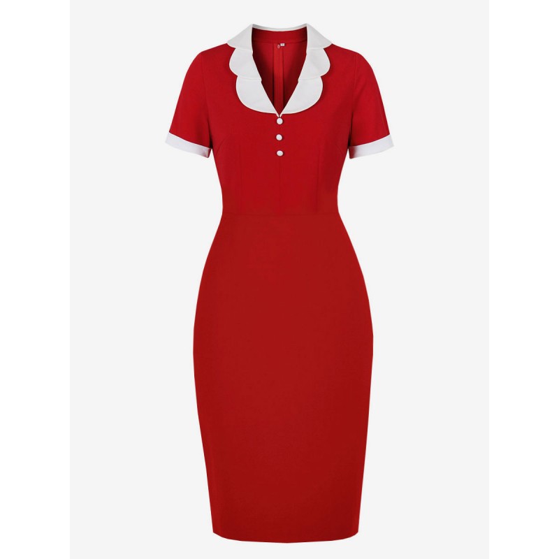 Dresses Red Two-Tone Short Sleeves Casual Sheath Dress Bodycon Retro Summer