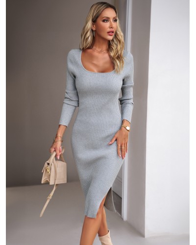 Women 's Knitted Dress Beautiful Acrylic Long Sleeves Low-slit Square Neck Bodycon Spring Fall Winter