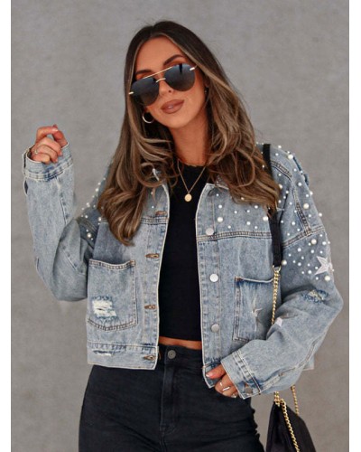 Women Pearl Studded Outerwear Denim Jacket Spring Fall Street Wear Daily Casual