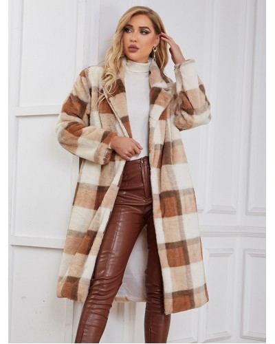 Women Faux Fur Coats Plaid Winter Outerwear 2023 Classic  Traditional Casual Night Out Field