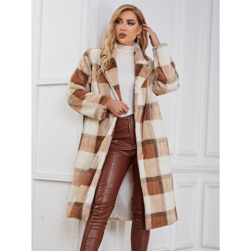 Women Faux Fur Coats Plaid Winter Outerwear 2023 Classic  Traditional Casual Night Out Field