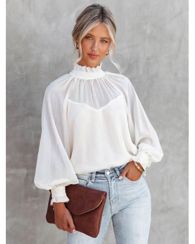 Shirt For Women White High Collar Long Sleeves Tops Casual