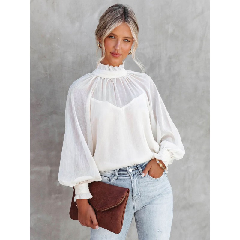 Shirt For Women White High Collar Long Sleeves Tops Casual