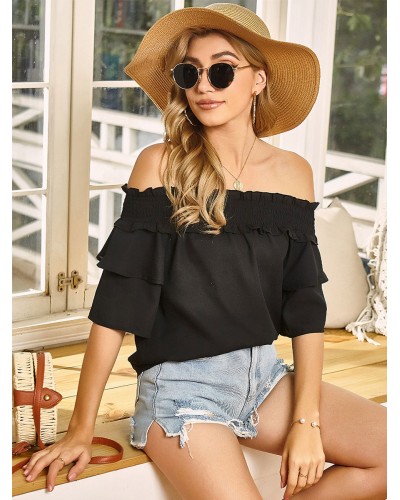 Half Sleeves Tees Black Bateau Neck Women Tee Shirt Casual