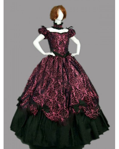 Women Victorian Dress Costme 's Burgundy Short Sleeves With Choker Ball Gown Jacquard Bow Ruffle Marie Antoinette Victorian Era Clothing Costumes Halloween Sets Vintage Baroque