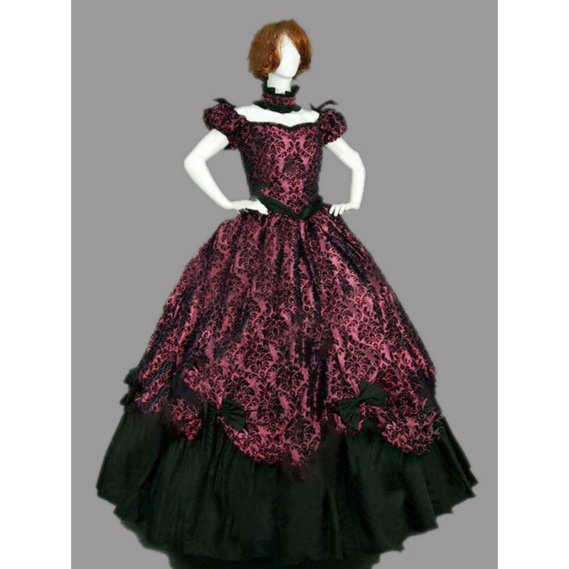 Women Victorian Dress Costme 's Burgundy Short Sleeves With Choker Ball Gown Jacquard Bow Ruffle Marie Antoinette Victorian Era Clothing Costumes Halloween Sets Vintage Baroque