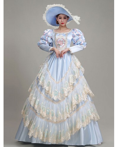 Women Light Sky Blue Retro Costumes Lace Polyester Floral Print Dress Marie Antoinette Costume 's Clothing Tunic Vintage Euro-Style