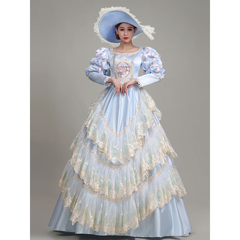 Women Light Sky Blue Retro Costumes Lace Polyester Floral Print Dress Marie Antoinette Costume 's Clothing Tunic Vintage Euro-Style