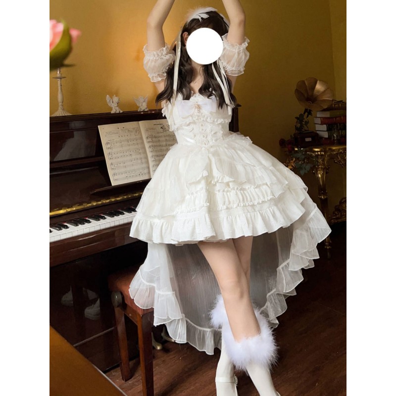 Gothic Lolita Dresses Lace Up Bows White Light Sky Blue