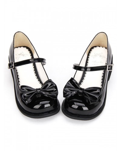 Sweet Lolita Shoes Black Bow Chunky Heel Round Toe Ankle Strap Mary Jane Shoes Lovely Halloween