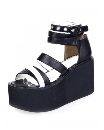 PU Leather Black High( 3-3.9quot;) Open Toe Lolita Sandals