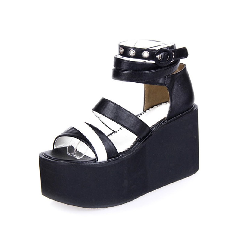 PU Leather Black High( 3-3.9quot;) Open Toe Lolita Sandals