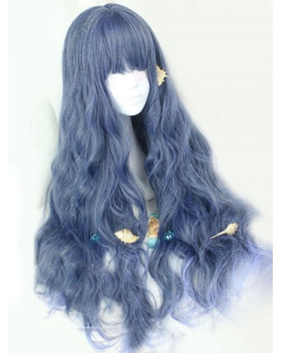 Sweet Lolita Wigs Long Curly Royal Purple Wigs With Blunt Fringe Harajuku Fashion