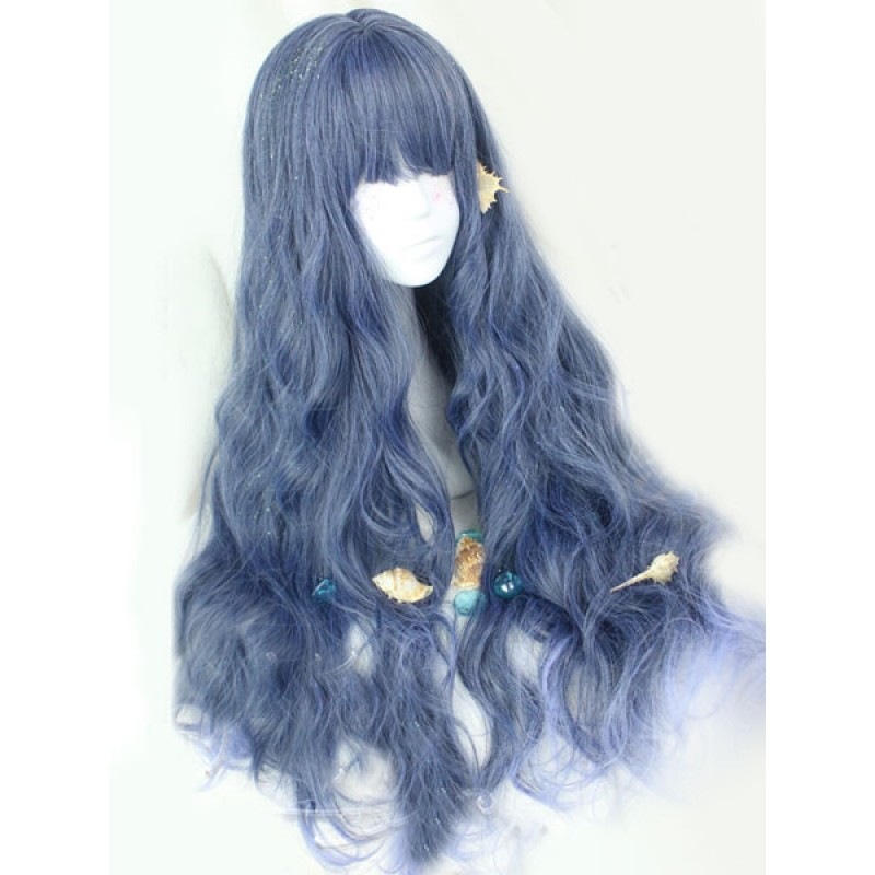 Sweet Lolita Wigs Long Curly Royal Purple Wigs With Blunt Fringe Harajuku Fashion