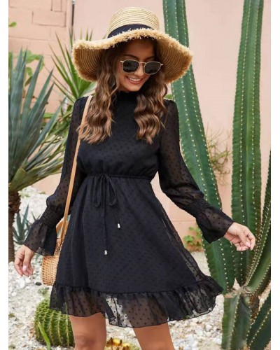 Women Mini Dresses Black Long Sleeves Flared Skater Dresses Sweet Casual Spring Fall