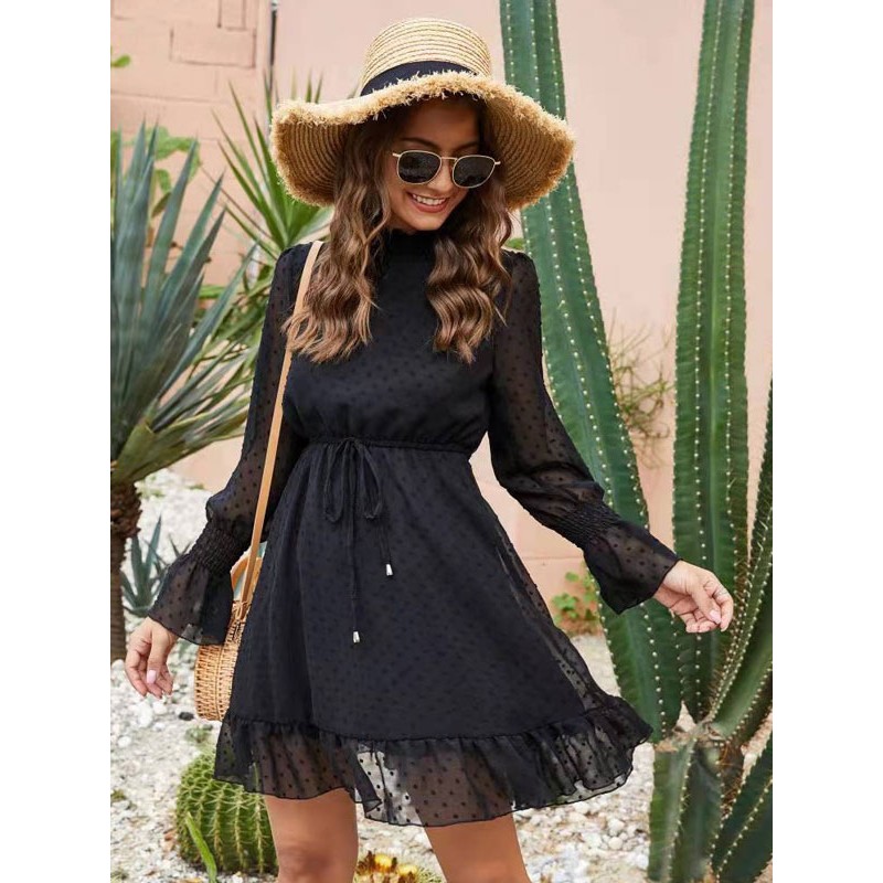 Women Mini Dresses Black Long Sleeves Flared Skater Dresses Sweet Casual Spring Fall