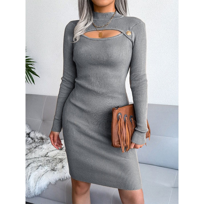 Knitted Dress For Women Pretty Metal Details Acrylic Long Sleeves Cupless High Collar Sweater Dresses Chic  Modern Daily Casual