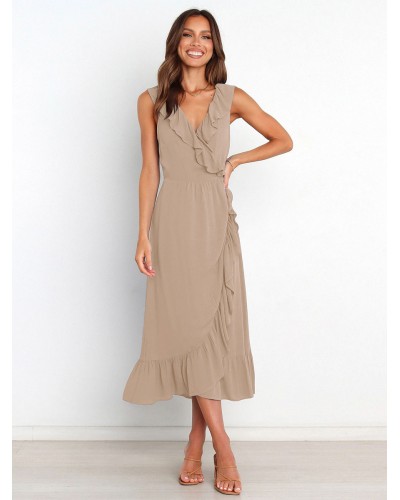 Women Ruffles Chic V-Neck Sleeveless Midi Dress Chic  Modern Summer