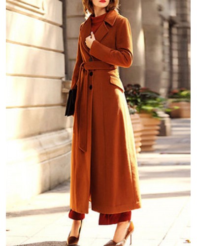 Women Woman Coat Coffee Brown Turndown Collar Wrap Coat Casual Winter Office  Career