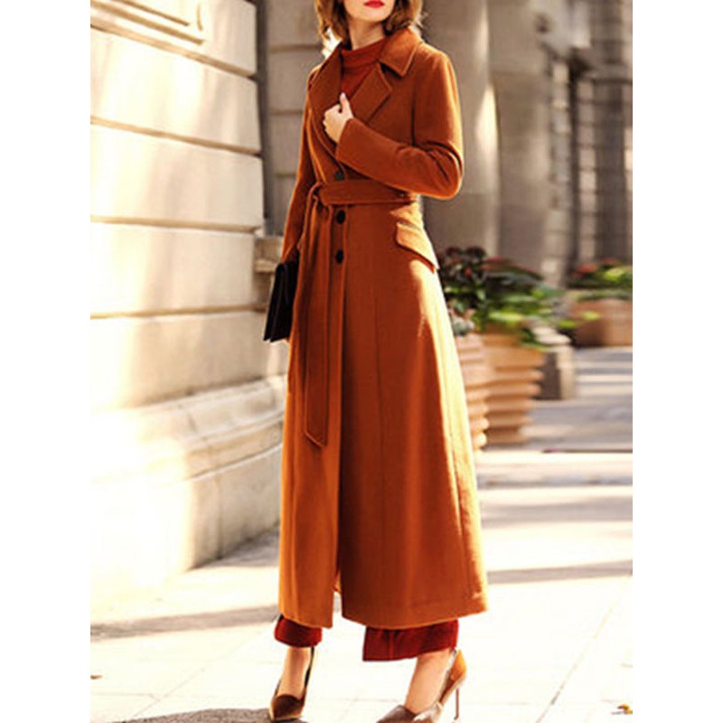 Women Woman Coat Coffee Brown Turndown Collar Wrap Coat Casual Winter Office  Career