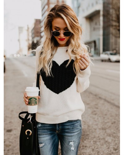 Women Pullovers Ecru White Color Block Jewel Neck Long Sleeves Acrylic Sweaters Casual Spring Fall Winter