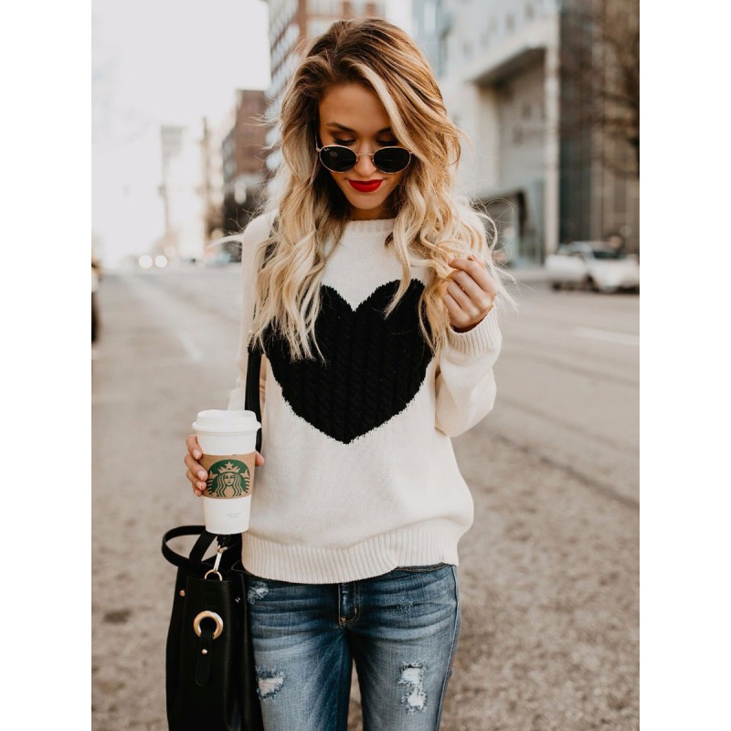 Women Pullovers Ecru White Color Block Jewel Neck Long Sleeves Acrylic Sweaters Casual Spring Fall Winter