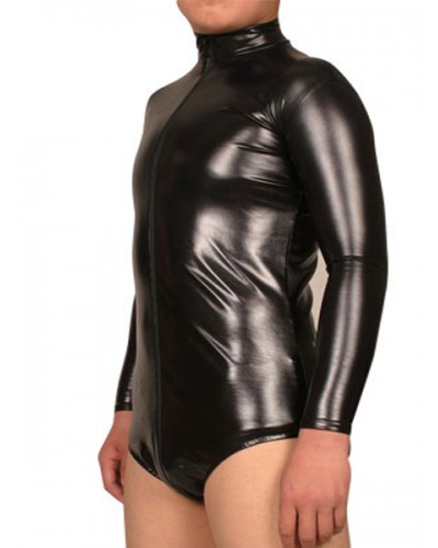 Black Long Sleeves Shiny Metallic Fabric Catsuit For Men Leotard Solid