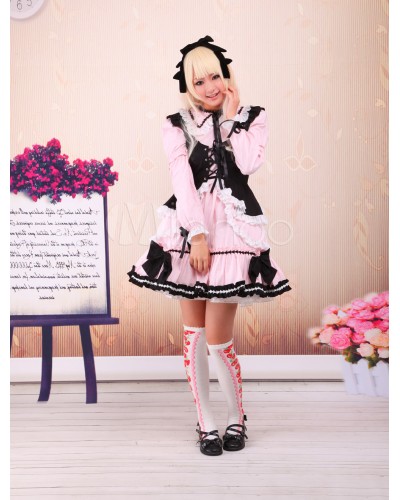 Pink Lolita OP Dress Black Vest Long Sleeves White Lace Trim Sweet Spring Tea Party