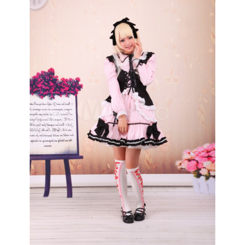 Pink Lolita OP Dress Black Vest Long Sleeves White Lace Trim Sweet Spring Tea Party