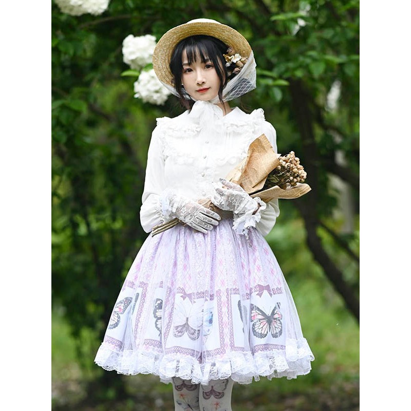 Lolita Overskirt Butterfly Floral Pattern Lavender Tiered Lace Tea Party Daily Casual Lolita Skirts Sweet Spring Summer Fall Winter