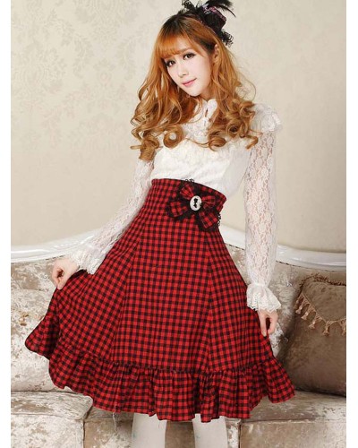 Classic Lolita SK Bow Ruffle Plaid Red Lolita Skirt Daily Casual