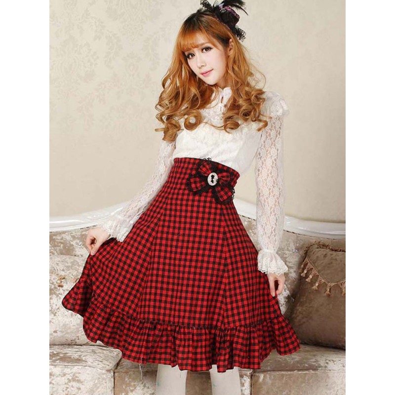 Classic Lolita SK Bow Ruffle Plaid Red Lolita Skirt Daily Casual