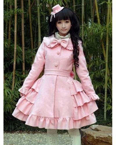 Sweet Lolita Wool Coat Bow Layered Ruffle Pink Lolita Winter Overcoat Sets Daily Casual Tea Party