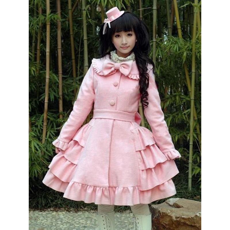 Sweet Lolita Wool Coat Bow Layered Ruffle Pink Lolita Winter Overcoat Sets Daily Casual Tea Party