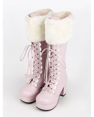 Sweet Lolita Boots Pink Faux Fur Lace Up Chunky Heel Boots Halloween