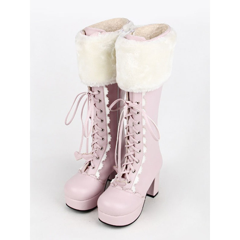 Sweet Lolita Boots Pink Faux Fur Lace Up Chunky Heel Boots Halloween