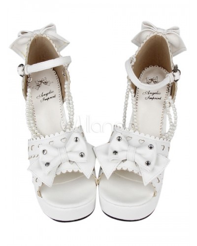 PU Leather Bow White Mid Heel Round Toe Lolita Sandals