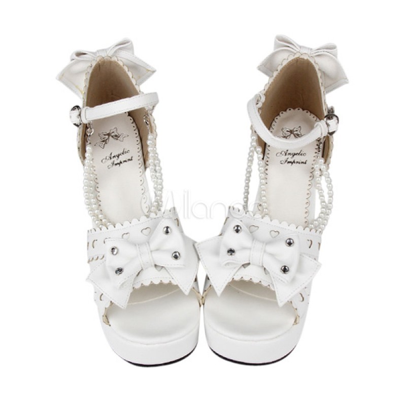 PU Leather Bow White Mid Heel Round Toe Lolita Sandals