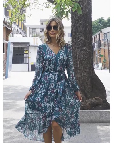 Boho Dress V-Neck Long Sleeves Floral Print Lace Up Dress Bohemian Beach Resort Wear