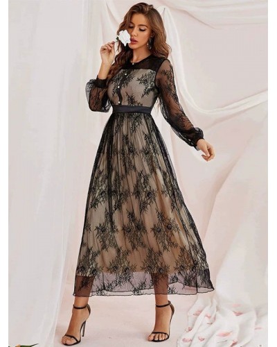 Women Floral Print Buttons Sheer Casual Jewel Neck Long Sleeves Lace Dresses Elegant Fall