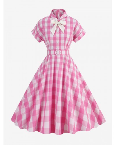 Barbie Pink Gingham Dress 1950s Short Sleeves Plaid Dress Vintage Sweet Spring Summer Fall