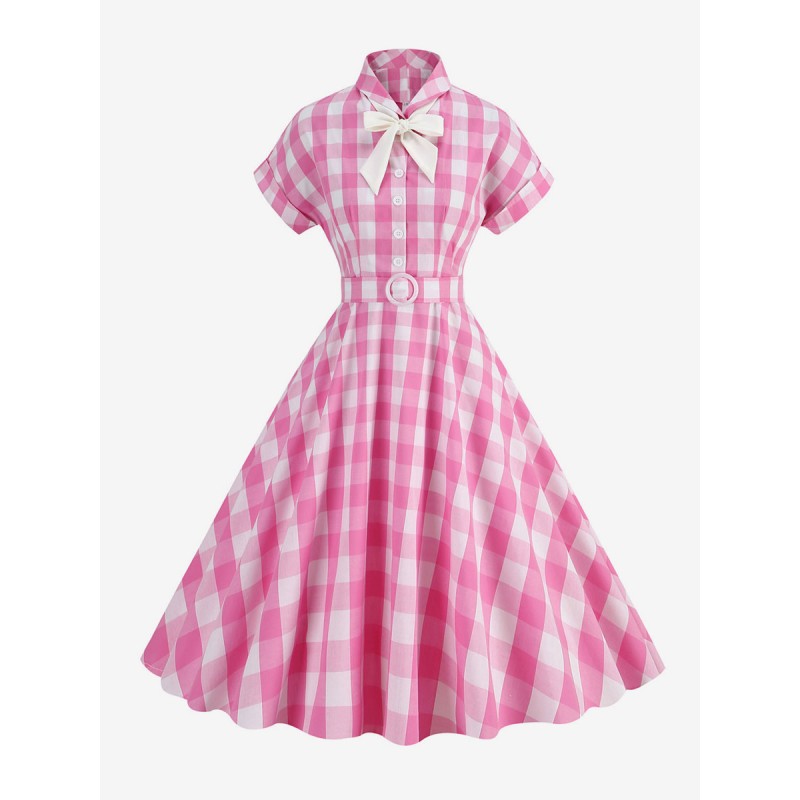 Barbie Pink Gingham Dress 1950s Short Sleeves Plaid Dress Vintage Sweet Spring Summer Fall