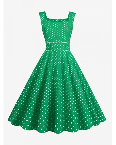 Women Retro Dress Green Polka Dot 1950s Audrey Hepburn Style Layered Sleeveless Square Neck Medium Rockabilly Dress Summer Street Wear Daily Casual