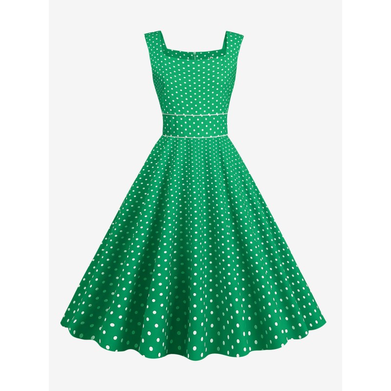 Women Retro Dress Green Polka Dot 1950s Audrey Hepburn Style Layered Sleeveless Square Neck Medium Rockabilly Dress Summer Street Wear Daily Casual