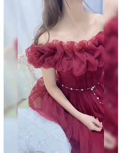 Tulle Prom Dresses Burgundy Off-Shoulder Semi Formal Long Dress Sweet Graduation Party