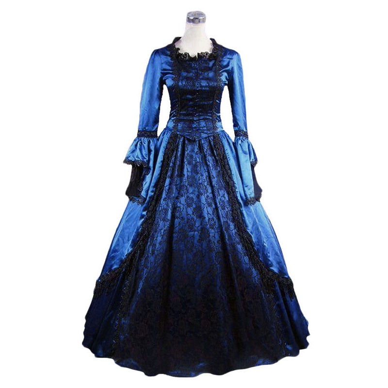 Women Victorian Dress Costume 's Royal Blue Vintage Lace Ruffles Long Sleeves Victorian Era Clothing Long Party Dress Halloween Sets Victorian Era