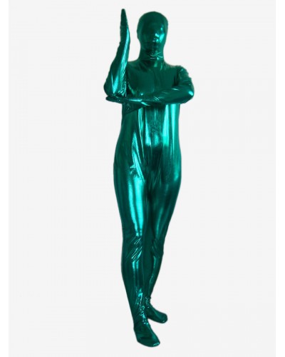 Women Halloween Unisex Teal Color Shiny Metallic Zentai Suit Solid