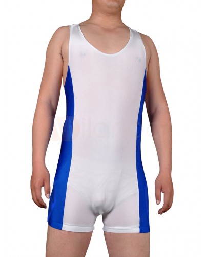 Lycra Spandex Blue With White Half Length Sleeveless Leotard And Catsuit