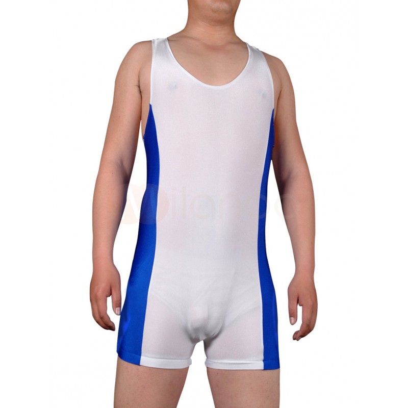 Lycra Spandex Blue With White Half Length Sleeveless Leotard And Catsuit